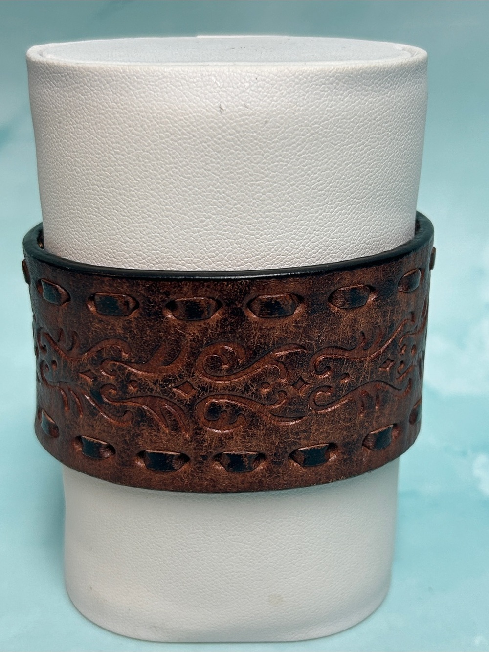 Silver Jeans Brown Tooled Leather Men's Cuff Bracelet 9 inches